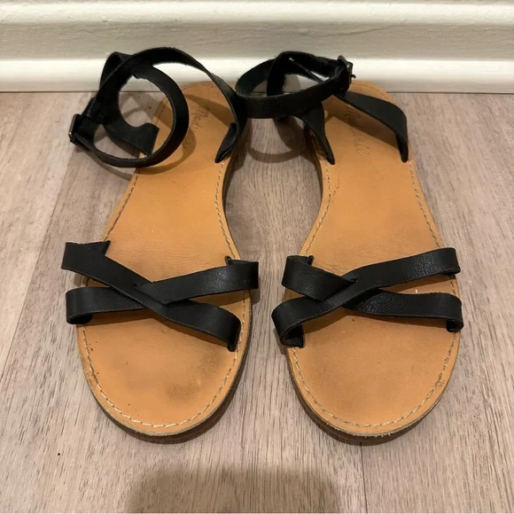 Madewell Boardwalk Ankle Wrap Black Strappy Leather Sandals - Picture 1 of 8